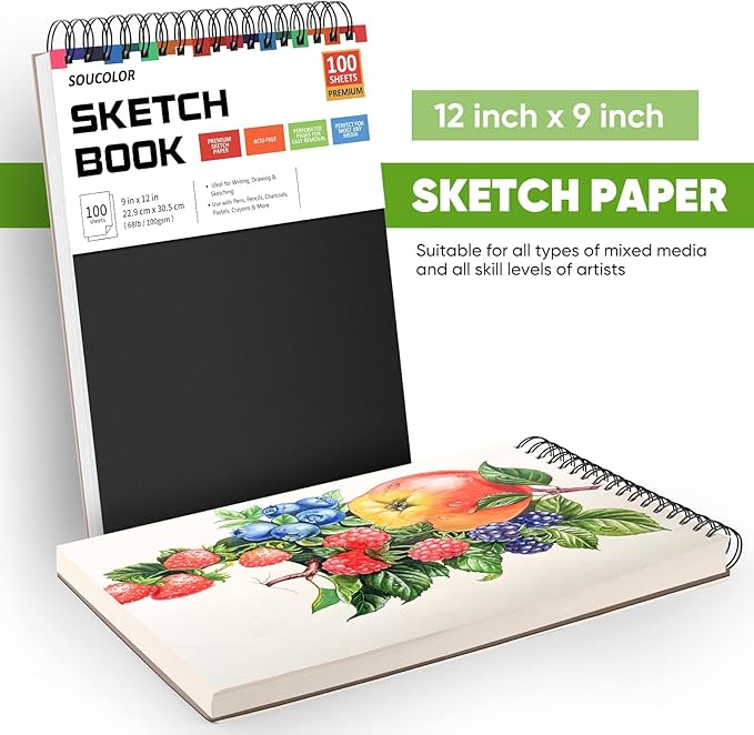 Soucolor Artist 9x12 Sketch Book Set, 4 Pack 400-Sheet Spiral Drawing Pads | Skerch Book for Adults 68lb/100gsm | Acid-Free Drawing Paper for kids Art Supplies,Charcoal,Graphite,Pastel Pencils & Sticks
