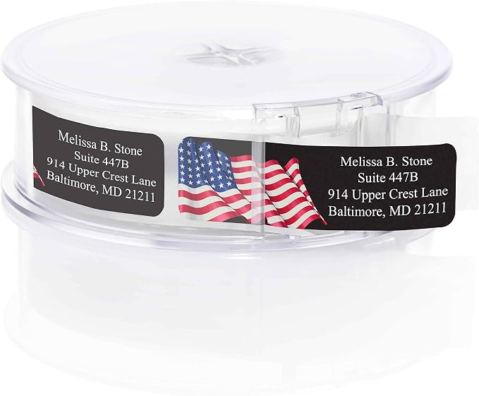 Metallic Prismatic American Flag Rolled Address Labels with Elegant Plastic Dispenser