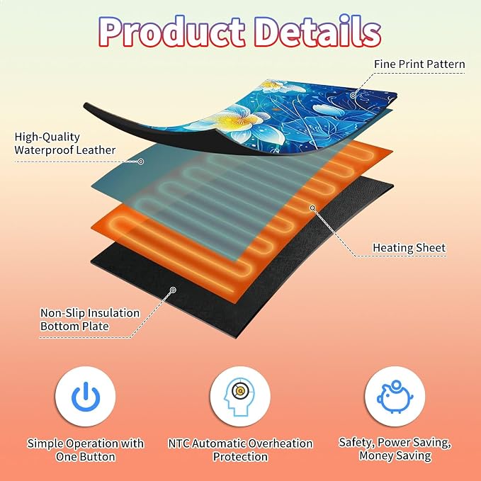 Heated Desk Pad Large Mouse Pad 31.5 x 13 inch with 3 Levels Heating & Auto Shut-Off Warm Mouse pad PU Leather Computer Mousepad for Home Office Work - Blue Lotus Flowers