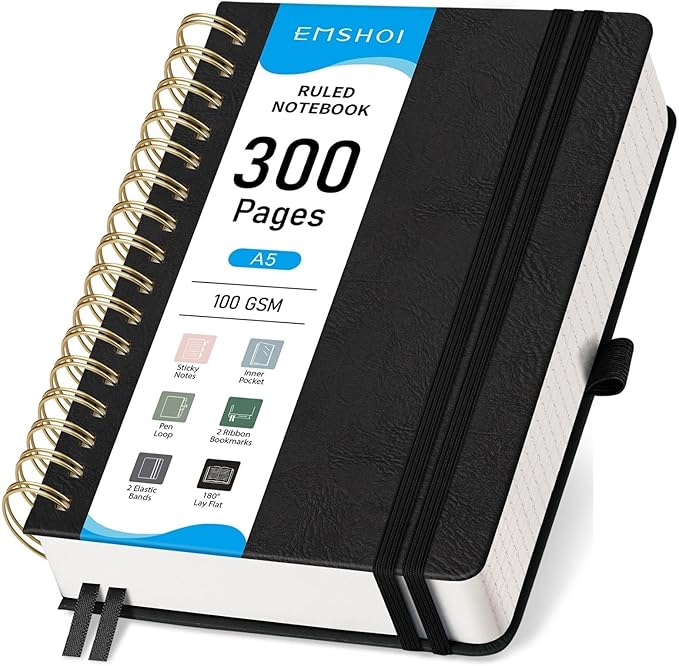 EMSHOI Lined Spiral Journal Notebook, 300 Numbered Pages, A5 (5.7"x8.2") | College Ruled, Leather Hardcover, 100 GSM Thick Paper, for School, Writing, Work, Office & Journaling (Black)