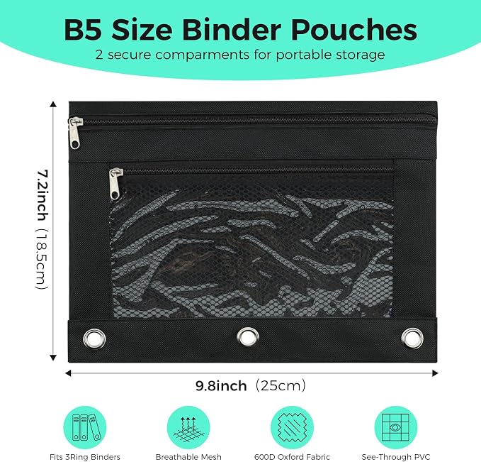 Pencil Pouch for 3 Ring Binder, Pencil Case with Zipper, 600D Fabric Pencil Pouch Bag Holder Accessories, Clear Window Pencil Case Aesthetic Back to School Organizer Pockets for Boy Girl (Black)