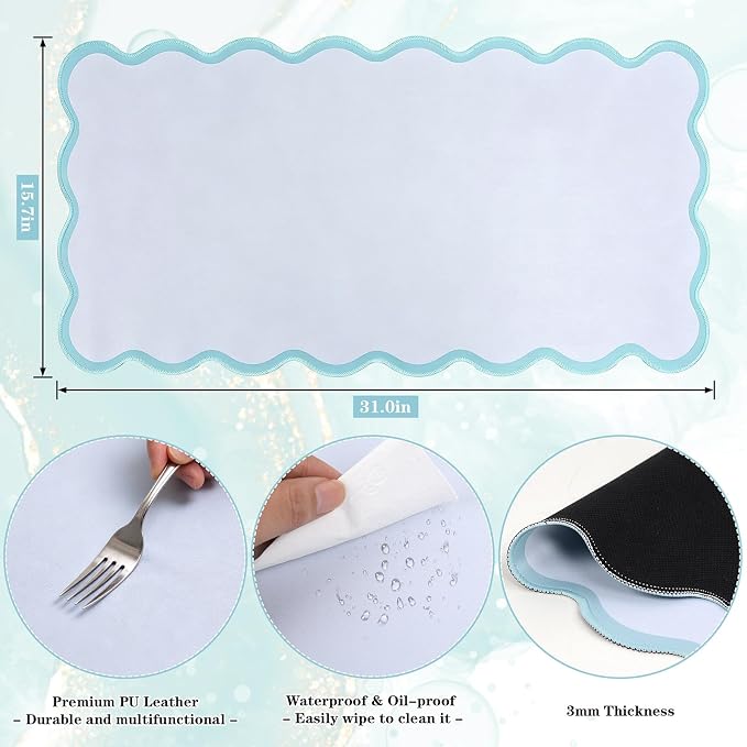 Yuboo Teal Scalloped Desk Mat for Women, 31"x15.7" Cute Waterproof Washable Non Slip Large Keyboard Mouse Pad, Cottagecore Aesthetic Desktop Pad for Gaming Office Dorm Desk Decor