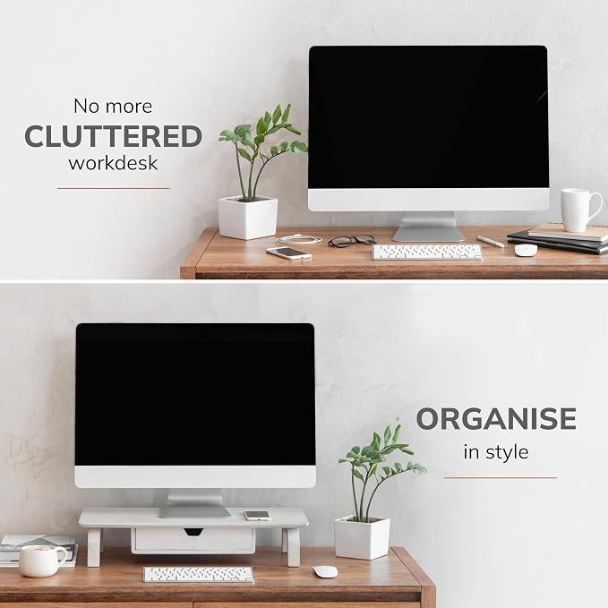 Anji Mountain Monitor Stand - Desktop Organizer & Laptop Riser, Ergonomic Monitor Riser, Space-Saving Monitor Stand for Desk, Durable Construction, Easy Assembly, Ideal for Home & Office,White Wash