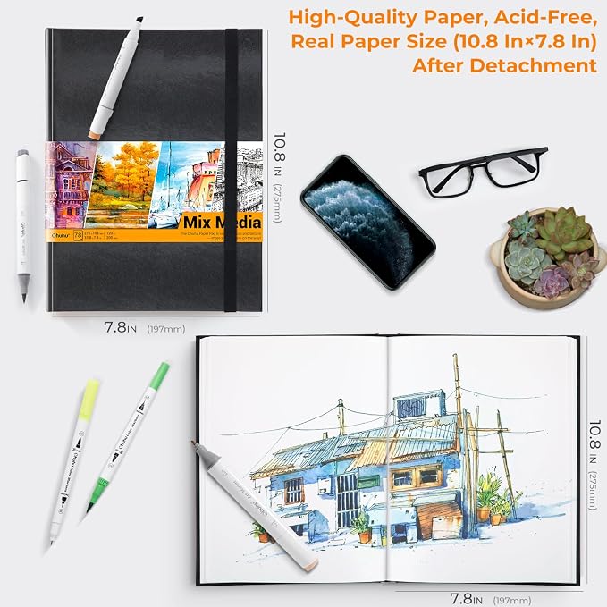 Ohuhu Mix Media Pad - 10.8" x 7.8" Mixed Media Art Sketchbook, 120 LB/200 GSM Heavyweight Papers, 78 Sheets/156 Pages, PU Hardcover Mixed Media Paper Pad for Acrylic Painting Christmas Gift