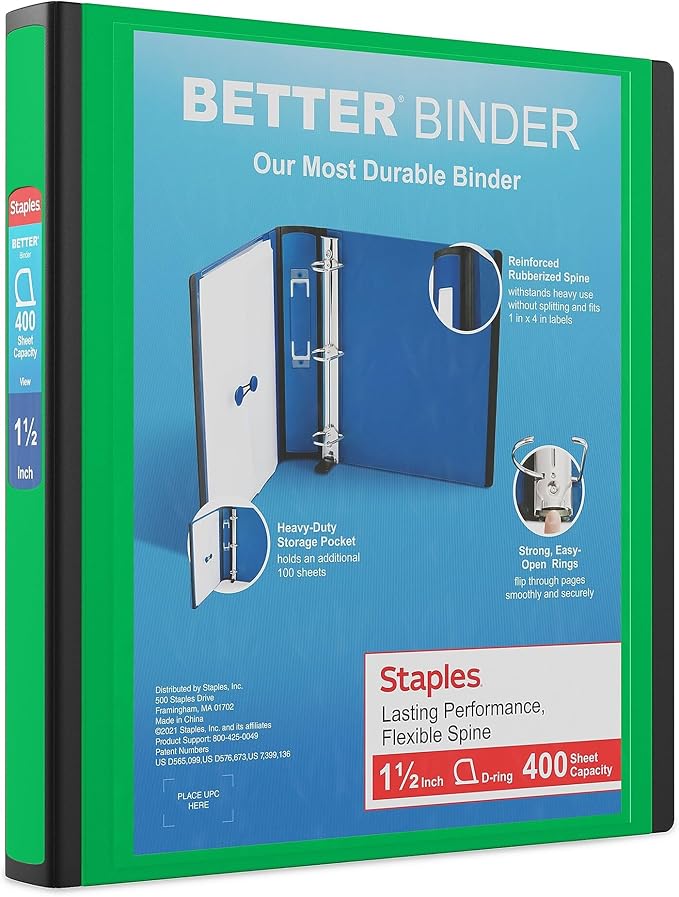 Staples Better Binder, 1.5" D‑Ring Heavy‑Duty Binder, Green, Reinforced Spine, 400‑Sheet Capacity, Durable 3‑Ring Binder for School, Office, Projects, 3‑Pack