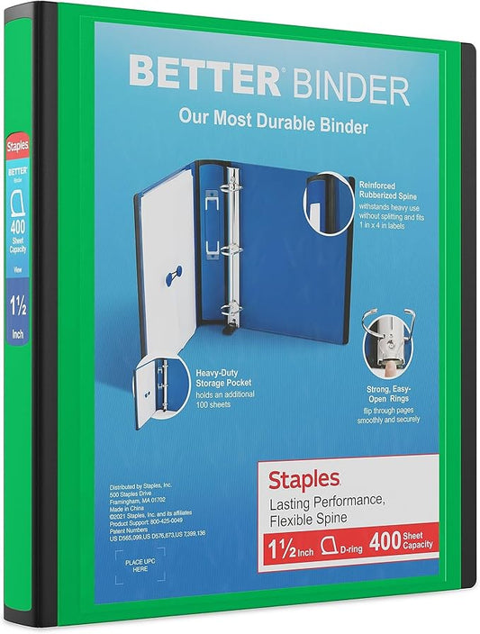 Staples Better Binder, 1.5" D‑Ring Heavy‑Duty Binder, Green, Reinforced Spine, 400‑Sheet Capacity, Durable 3‑Ring Binder for School, Office, Projects, 3‑Pack