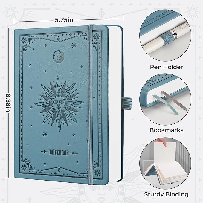 EMSHOI Blank Journal Notebook, 320 Pages, A5 Size (5.7'' x 8.3'') | Leather Hardcover, 100 GSM Thick Paper, Unlined, Plain, for Sketching, Drawing, Painting, Sun Debossed (Light Blue)