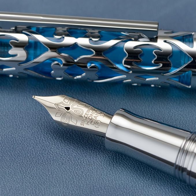 HONG DIAN D1 Piston Fountain Pen Fine Soft Nib, Silver Blue Hollow Skeleton & Resin Pen with Metal Case Set