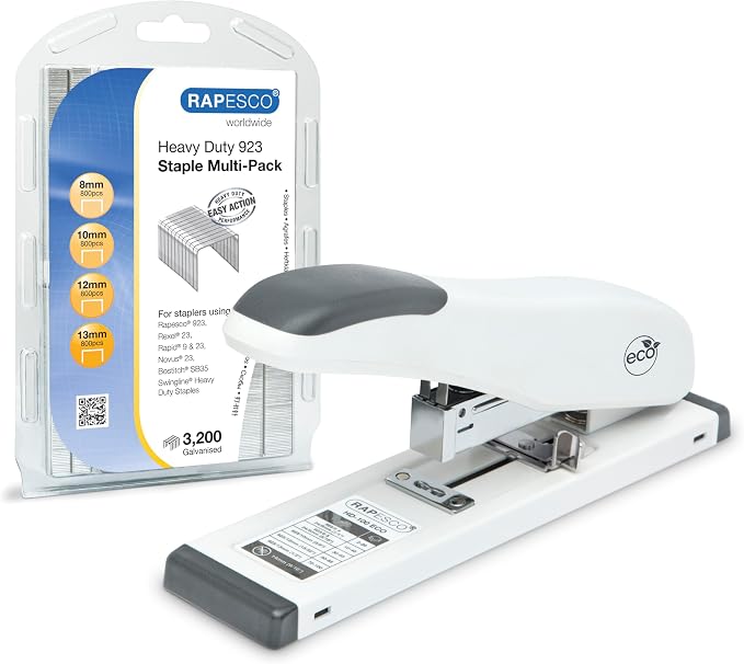 Rapesco 1461 ECO Heavy-Duty Stapler with 3200 Assorted Staples, Type 923 Heavy-Duty Staples (8/10/12/13mm), 100 Sheet Capacity, for Office, Business Proposals, School, Research Papers, White | 100 Sheet Capacity, Soft White