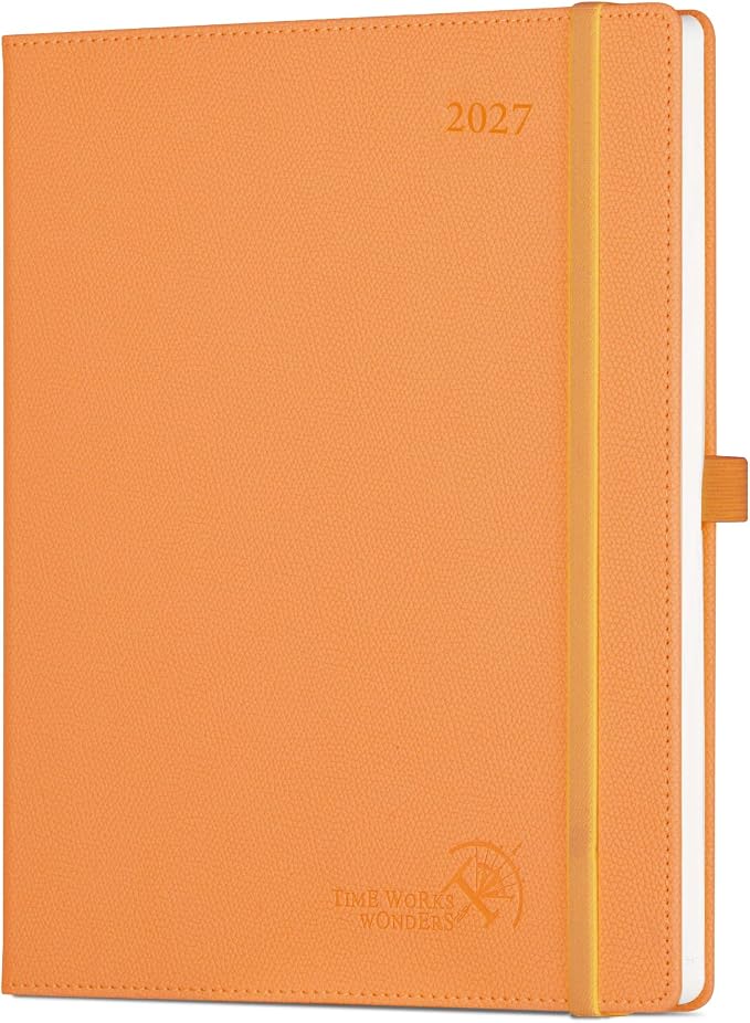 POPRUN 2027 Planner (Large 8.5"x 10.5"), Weekly and Monthly Planner | Daily Calendar Book Jan.2027 - Dec.2027, Appointment Book with Monthly Tabs, Leather Hardcover, Inner Pocket - Orange