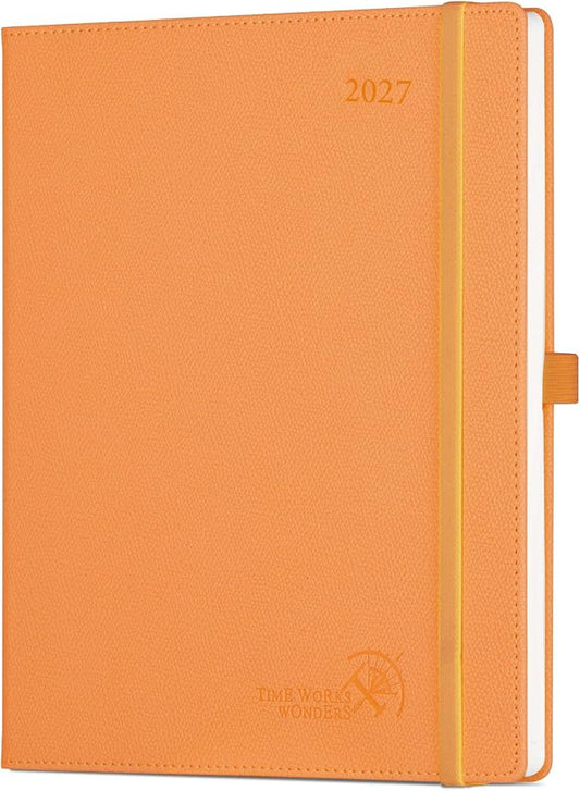 POPRUN 2027 Planner (Large 8.5"x 10.5"), Weekly and Monthly Planner | Daily Calendar Book Jan.2027 - Dec.2027, Appointment Book with Monthly Tabs, Leather Hardcover, Inner Pocket - Orange