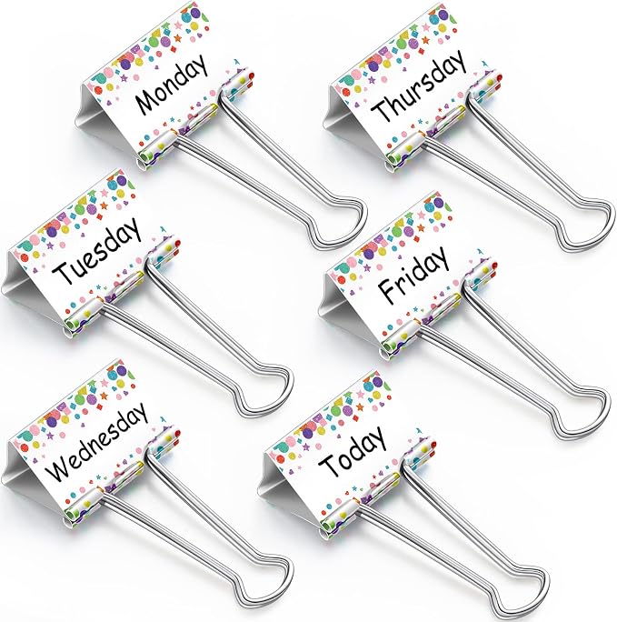 Tenare 6 Pack 2 Inch Teacher Binder Clips, Classroom Paper Organizer | Includes Monday, Tuesday, Friday ,Wednesday, Thursday and Today for Classroom Management Paper Sorting-School Office Supplies