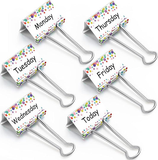 Tenare 6 Pack 2 Inch Teacher Binder Clips, Classroom Paper Organizer | Includes Monday, Tuesday, Friday ,Wednesday, Thursday and Today for Classroom Management Paper Sorting-School Office Supplies