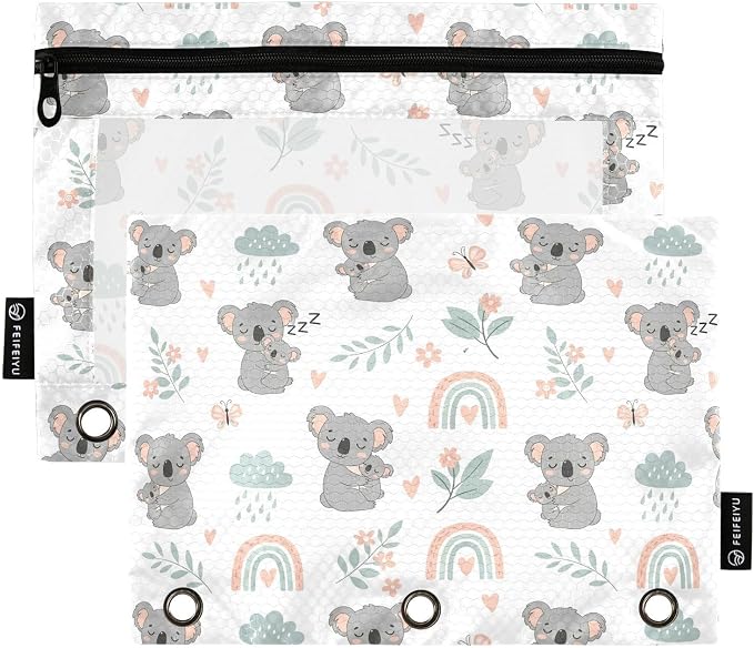 Gredecor Binder Pencil Pouch 3 Ring Koala Rainbow Floral Zipper Pencil Pouches Case 2 Pack Clear Binder Organizer for School Office