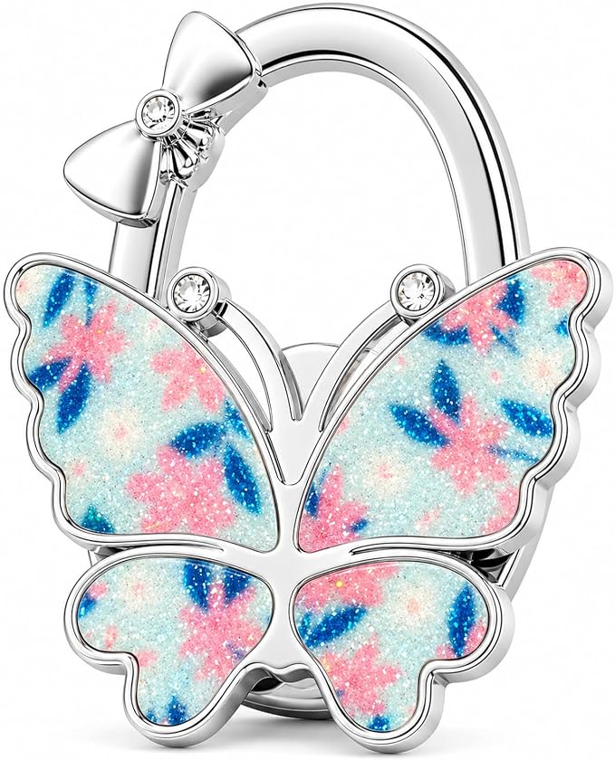 Purse Hook for Table, Foldable Handbag Hanger for Women, Portable Bag Holder with Non-Slip Base, Cute Flower Blue Glitter Butterfly Purse Table Hook for Restaurant Office Travel Gift