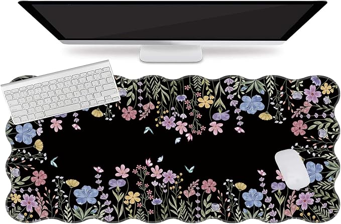 L-SPOUTTO Floral Mouse Pad,Botanical Desk Mat XXL Large Scalloped Black Gaming Mousepad,35.4x15.7in Non-Slip Rubber Base Keyboard Pad Waterproof Desktop Mat for Laptop Computer Game Home Office-Flower