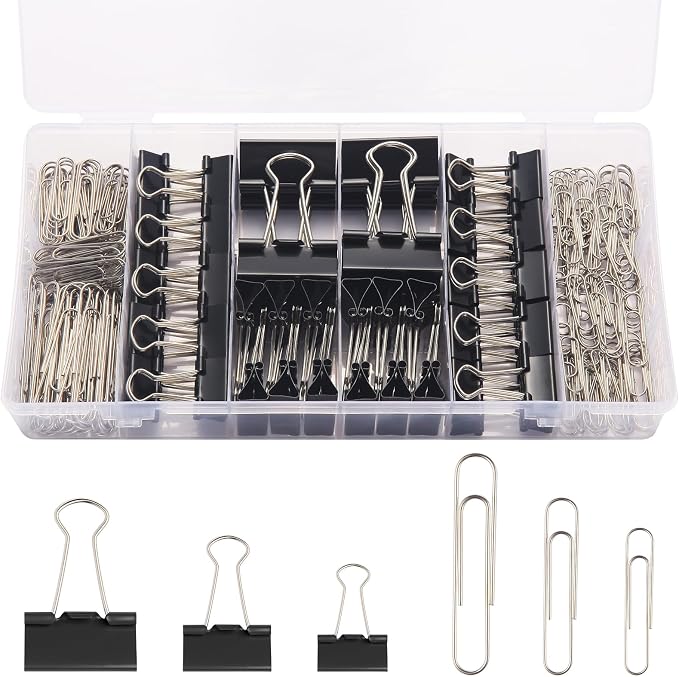 240PCS Black Assorted Size Paper Clips and Binder Clips, Paperclips Large Medium Small, Binder Clip and Paper Clip Set for Home, School, and Office Supplies in a Container with Compartments