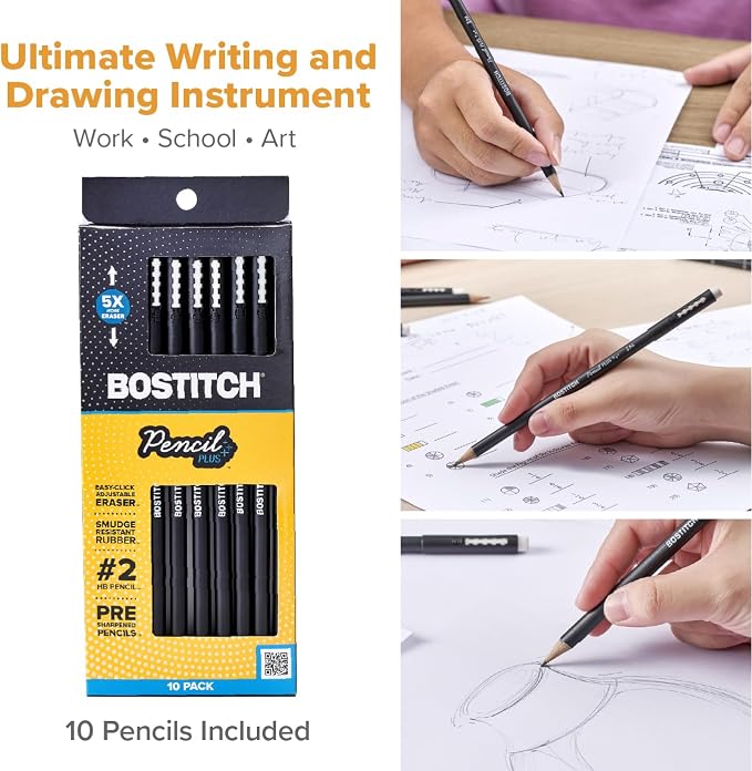 Bostitch, Wood-Cased Pencil Plus, Retractable Eraser, American Cedar Wood, #2 HB, Round, Matte Black, Pre-sharpened, Ten Pack
