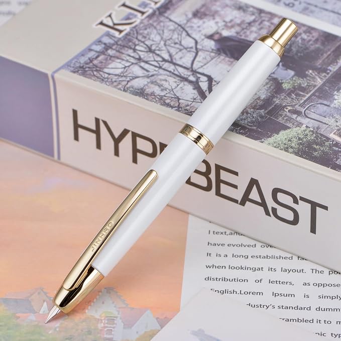 Jinhao 10 Press Fountain Pen with Box, Pearl White Retractable Extra Fine Nib with Ink Converter Set (Golden Clip)