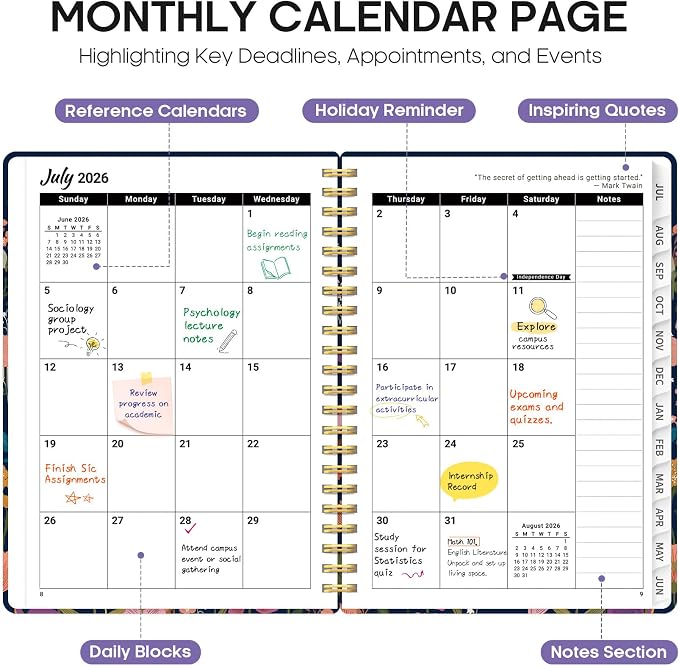 Planner 2026-2027, Academic Year Monthly and Weekly Calendar Planner, Jul 2026 - Jun 2027, Hardcover Teacher Student Planning Agenda book with Tabs, Perfect for School Office Supplies, 8.5" x 11" - Ink Blossoms