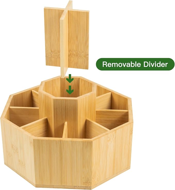 VaeFae 360° Rotating Bamboo Pen Holder Desk Art Supply Organizer | 9-12 Slots, Removable Divider, Octagonal Frame, Polished Surface, Space-Saving for Pens, Markers, Brushes & Beauty Supplies