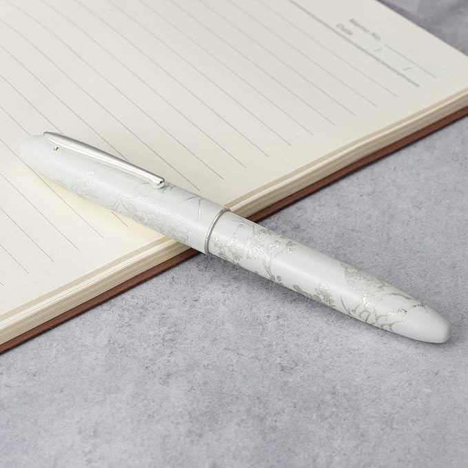 HONG DIAN N23 White Rabbit Fountain Pen, Long Blade Medium Nib Silver Trim, New Year Lucky Rabbit Carving Design, Smooth Writing Pen with Converter and Metal Pen Box Set