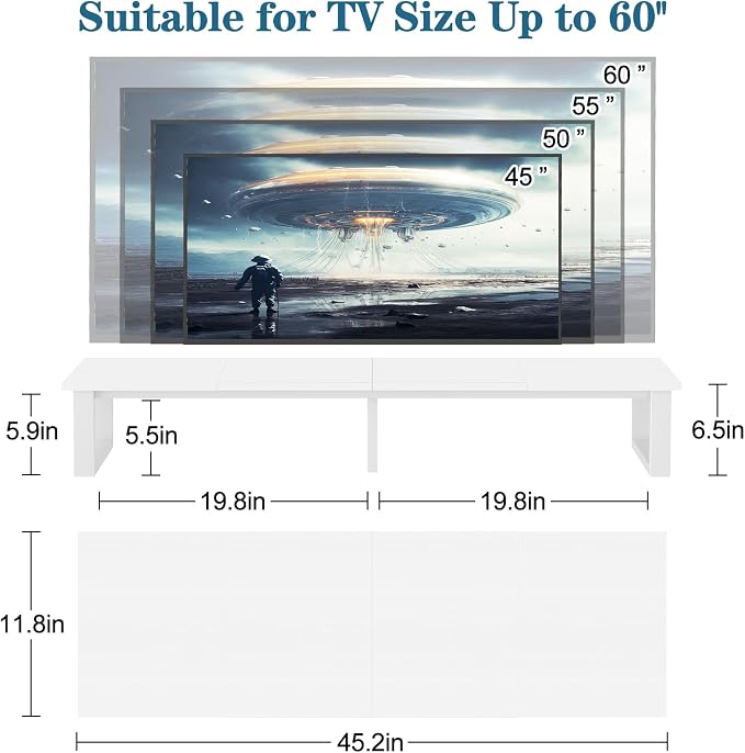 aboxoo 45" TV Riser for 32-60 inch TV, TV Shelf with Steel Legs | White TV Riser Stand with Storage, Tabletop TV Riser for Home Living Room, Study Office, Fit TV, Monitor, Laptop