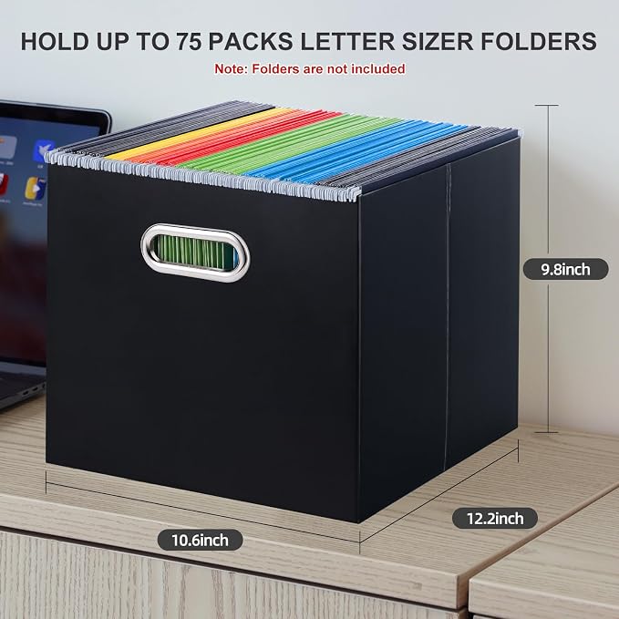 Oterri File Organizer Box, Portable Collapsible Cardboard File Folder Organizer with Handle for Letter Size Hanging Files, Document Storage Box for Home Office & Classroom (1 Pack, Black)