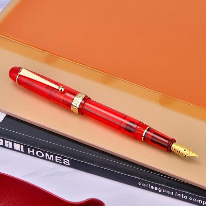 Asvine V126 Vacuum Filling Fountain Pen Extra Fine Nib, Transparent Red Acrylic, Large-Capacity with Gift Case