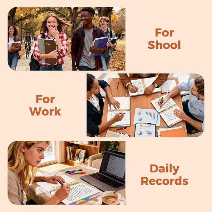 Line Hardcover Spiral Notebook with Removable Dividers Tabs & Ruler, 5 Subject Notebook College Ruled, 300 Page, Large 8"x10" B5 Notebooks for Work School, Lined Journal for Women & Men, Brown