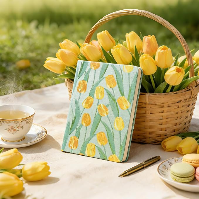 Tulip Gifts, Floral Journal, Cute Notebook, Embroidered Flower Cover, A5, Lined Paper, Wide Ruled, Hardcover, Lay Flat, Journal for Women, Pretty, Garden Journal, Tulips