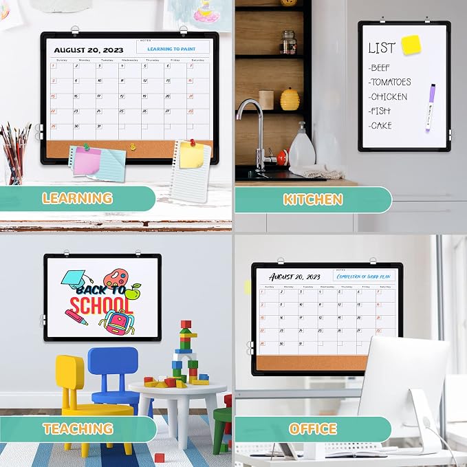 Monthly Calendar Whiteboard for Wall, 17x13 Inches Dry Erase Board with Cork Board Combo, Small Magnetic White Board, Double-Sided Hanging Portable Board for Office School Home Kitchen Planner, Black