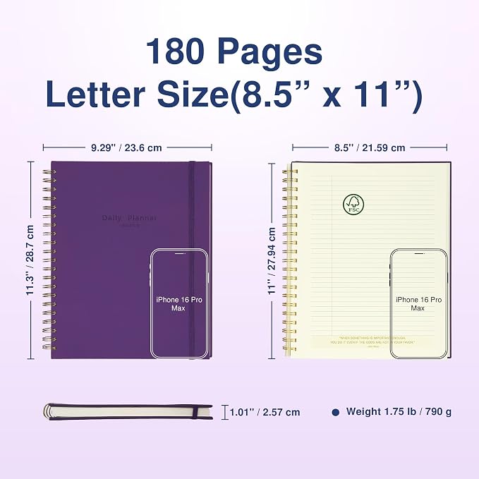 AUROPLANNER Undated Daily Planner To Do List Hourly Schedule 2027 2026 2025 Calendar & Holiday Habit Tracker 180 Pages Letter Size 8.5" x 11" Sheets Hardcover Spiral Bound Notebook (Purple Indigo)