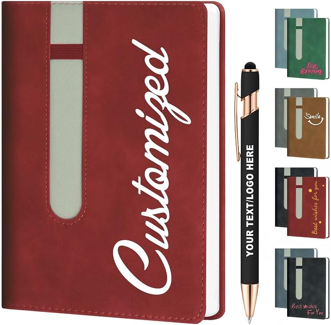 ENOMY Personalized A5 Notebook Set 240 Lined Pages Custom Notebook with 10 PC Pens PU Leather Journal Cover to Business Gift College Birthday Corporate Men & Women, Red