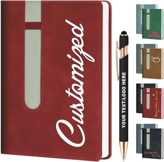 ENOMY Personalized A5 Notebook Set 240 Lined Pages Custom Notebook with 10 PC Pens PU Leather Journal Cover to Business Gift College Birthday Corporate Men & Women, Red