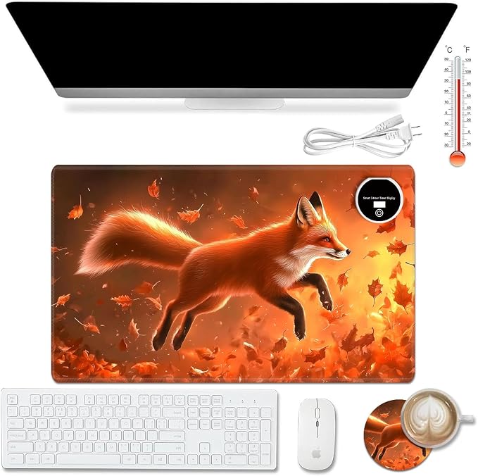 Heated Desk Pad Mouse Pad,Heated Desk Mat,with 3 Heating Levels & 3 Hours Auto Shut-Off,Leather 23.6"*14.2" Gaming Mouse Laptop Mat,Foot Warmer,Cute Red Fox Forest