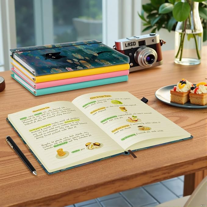 Hardcover Executive Notebooks, A5 PU Leather Lined Journal Notebook, 200 Pages Thick Paper Subject Notebooks for School,Work,Home Writing Business Notebook, Diary Book ， Lack Cat and Lotus