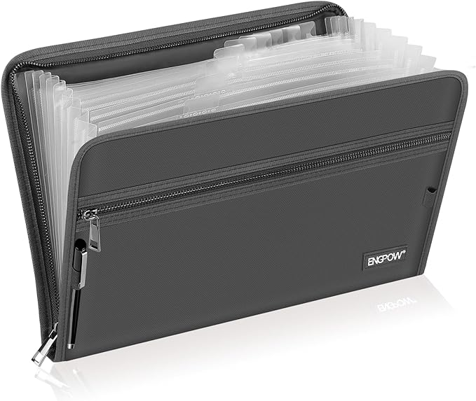 ENGPOW Expanding File Folder,Fireproof 13 Pockets Document Organizer Bag | Accordion File Organizer with Zipper＆Labels,Portable Home Travel Safe Storage for Important Files,Papers,Letter Size,Gray