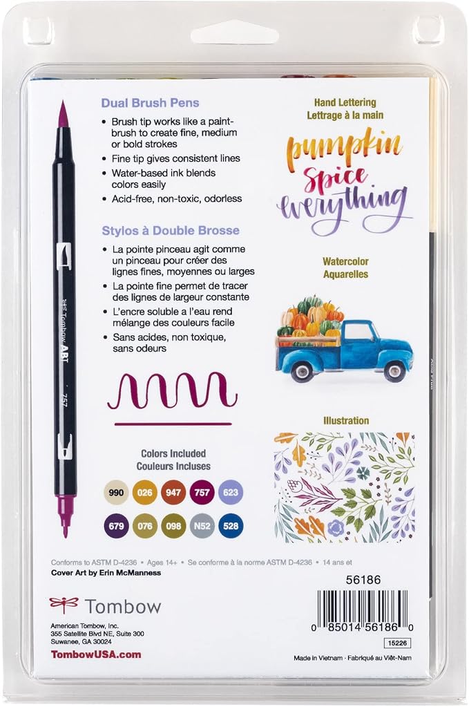 Tombow 56186 Dual Brush Pen Art Markers, Muted, 10-Pack. Blendable, Brush and Fine Tip Markers