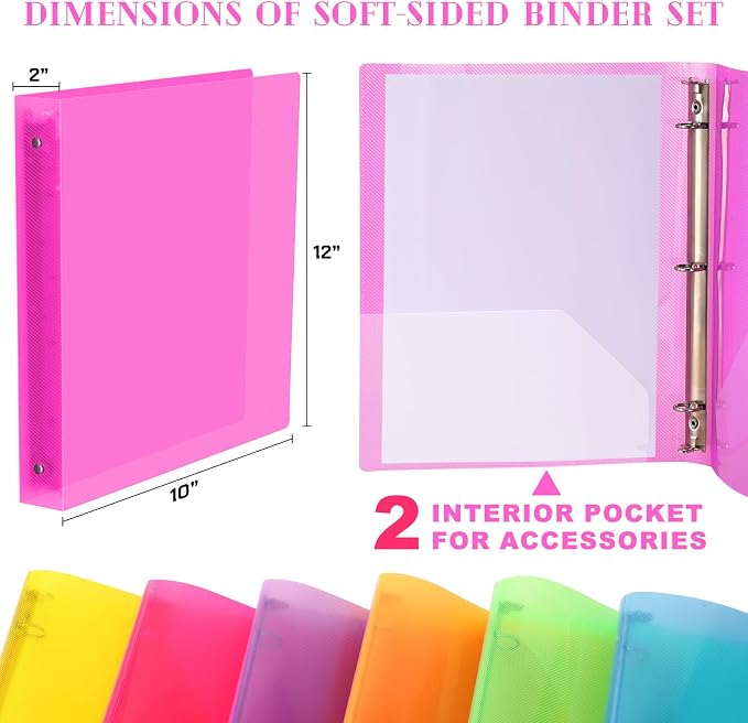 Fulmoon 6 Pack Plastic 3 Ring Binder Assorted Colors Economy Flexible Round Ring Presentation Binders with Pocket for Office School Meeting(2 Inch,Neon Colors)