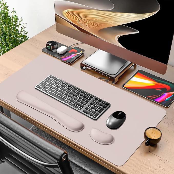 Desk Mat Set， Wrist Rest for Computer Keyboard, 3-in-1 Large Mouse Pad and Keyboard Wrist Rest Set, Non-Slip Desk Mat Protector for Office, Home(27.5×13.8 Inches, CreamPI)