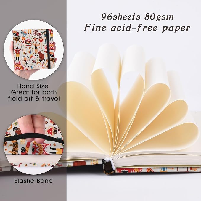 Handy Size 5 x 5 inches Sketch Book, 80GSM Acid Free Artistic Drawing Painting Writing Paper, Hardcover Cloth Cover Art Sketchbook,Journal Notebook.Beige Circus