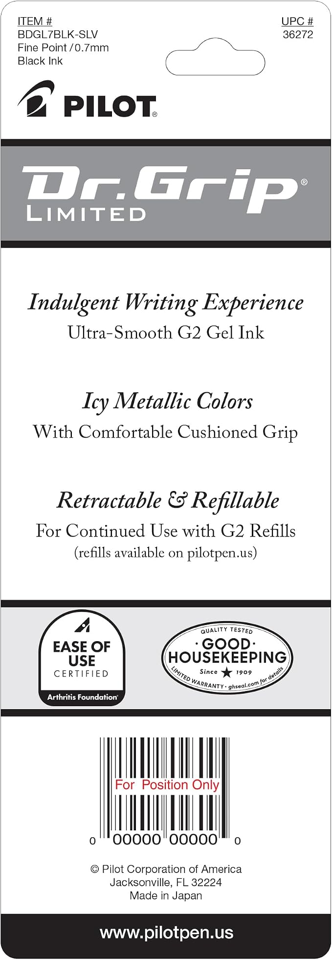 PILOT Dr. Grip Limited Refillable & Retractable Gel Pen, Fine Point, Black Ink, Single Pen - Ideal for School, Journaling & Office Writing