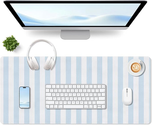 Blue Striped Desk Mat Cute PU Leather XXL Large Gaming Mouse Pad Desk Pad Cozy Aesthetic Keyboard Matt Laptop Computer Mat Home Office Decor 35.4" X 15.7"