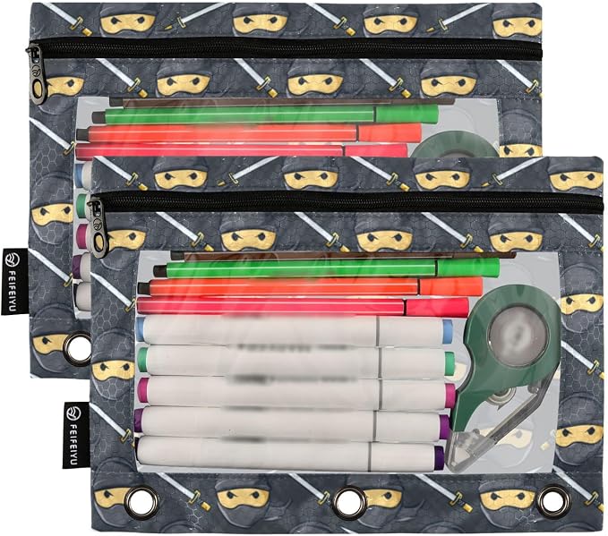 Binder Pencil Pouches Ninja Pattern Pen Case Black | Clear Window 3 Rings, Cosmetic Bags School Office Supplies Cosmetic Makeup Bag 2 Psc