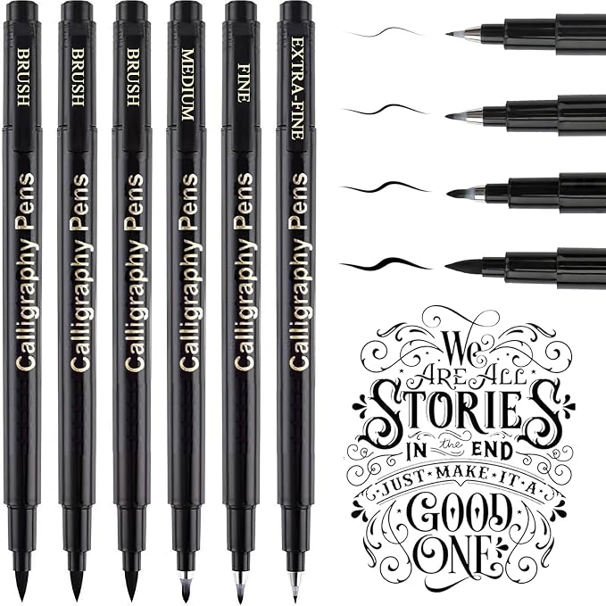 SAYEEC Calligraphy Brush Pens, Refillable Hand Lettering Pen, Black Ink Calligraphy Brush Markers Set for Writing Journaling Sketching Art Drawing Illustration Scrapbooking (4 Size, 6 Pack)