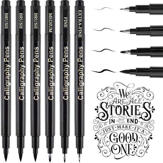 SAYEEC Calligraphy Brush Pens, Refillable Hand Lettering Pen, Black Ink Calligraphy Brush Markers Set for Writing Journaling Sketching Art Drawing Illustration Scrapbooking (4 Size, 6 Pack)