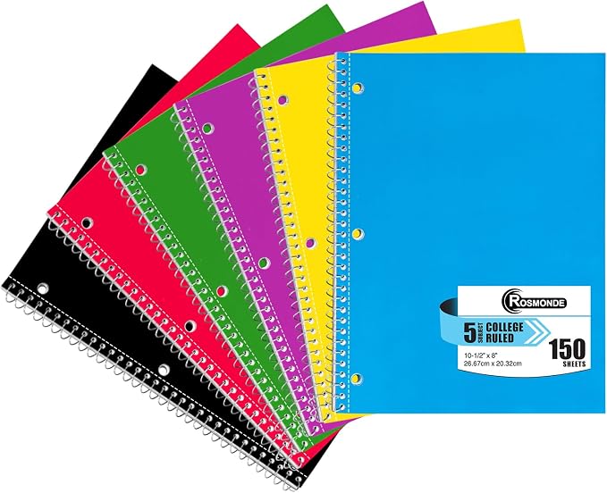 Rosmonde 5 Subject Notebook College Ruled, 6 Value Pack, 300 Pages (150 Sheets), 8 x 10-1/2", 5 Subject College Ruled Spiral Notebooks for School & Office, Thick Paper Fights Ink Bleed, 3 Hole Punched