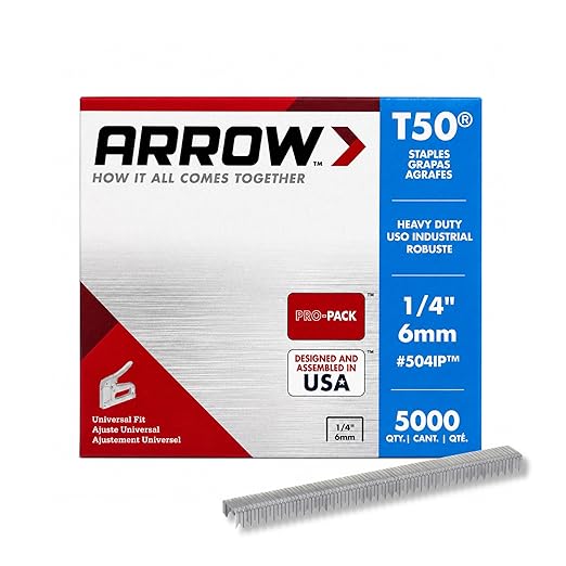 Arrow 504 T50 Staples, 1/4-Inch Leg, 3/8-Inch Crown, 5000 Count | Heavy Duty, For Upholstery, Construction, Furniture, Crafts, Fit Arrow T50 Staple Guns, Hammer Tackers and Pneumatic Tools