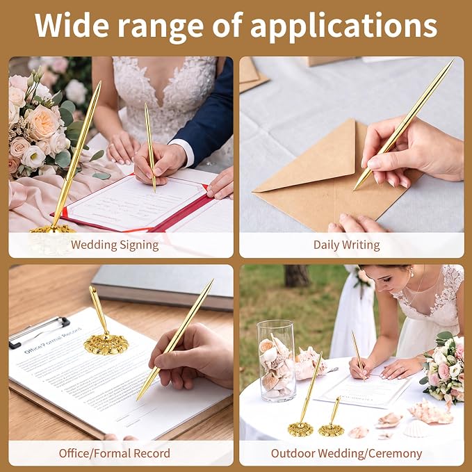 2 Pcs Gold Bridal Shower Pens for Guest Book with 360° Rotating Metal Pen Holder, Wedding Guest Book Signing Pen Set, Durable Metal Ballpoint Pens for Reception Table Decor
